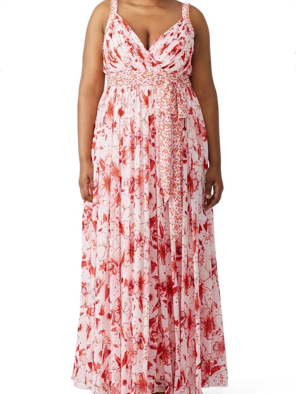 Badgley Mischka Floral V-Neck Maxi Dress in Pink and Red